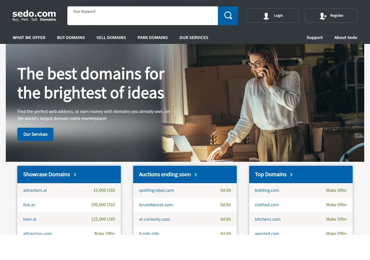 Sedo homepage showing the domain search box, showcase listings with asking prices including hem.ai at 125,000 US dollars, and a strip of auctions ending soon